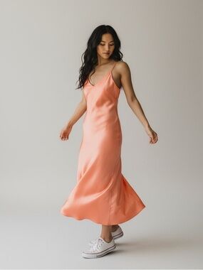 Aritzia Wilfred Only Slip Satin Midi Dress Sleeveless Papaya Small Women’s